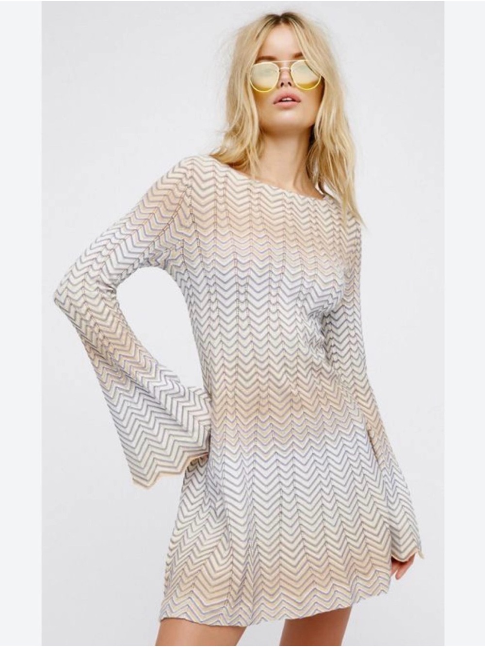 Free People Bell Sleeve Chevron Knit Mini Dress XS Boho Neutral